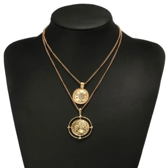 Brand New 18K Gold Coin Pendant Double Chain Necklace - Picture 2 of 4